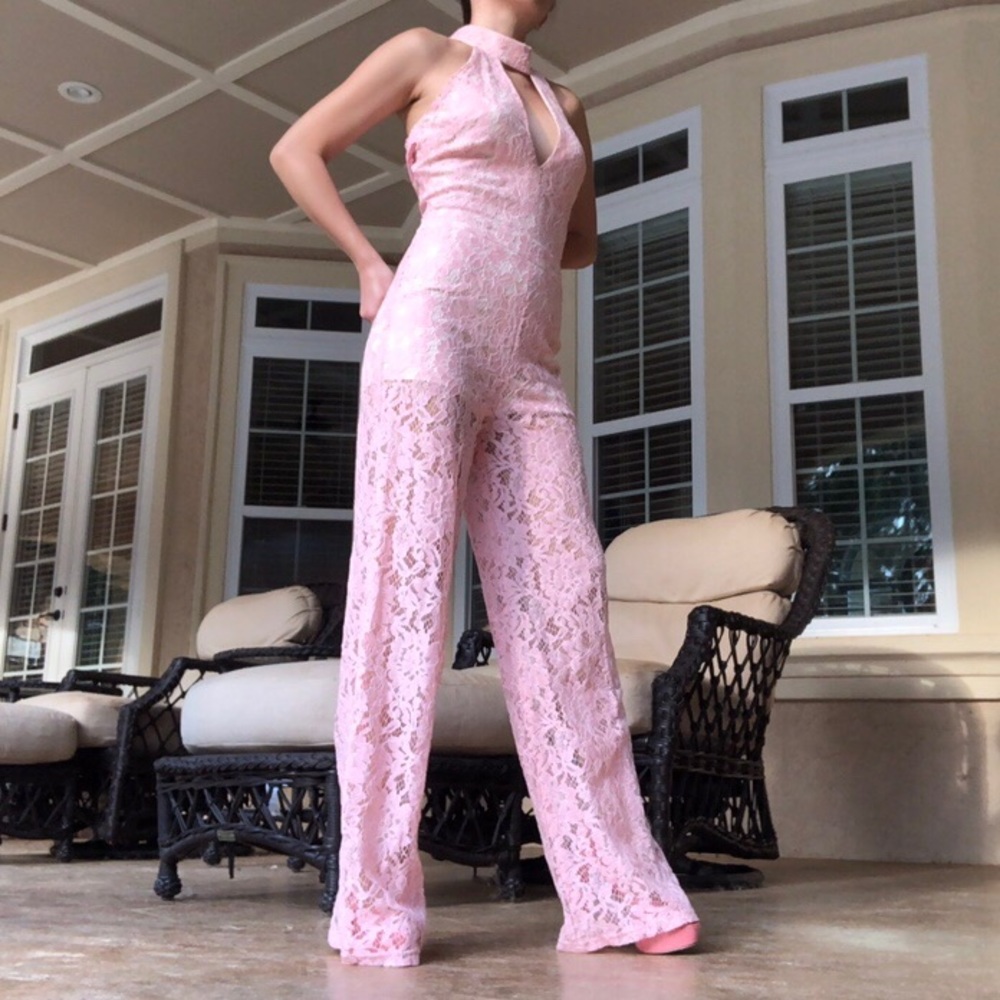 COTTON CANDY PINK LACED JUMPSUIT - Picture 2 of 4